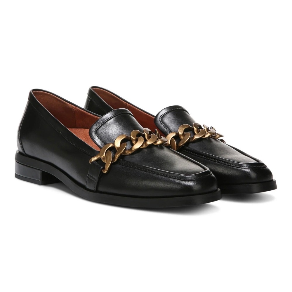 Vionic Mizelle Black Leather Chain Link Loafers Size 6.5 Square Toe Flats Womens
